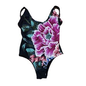 Kona Sol 1 One Piece Black Flower Floral Rose Bathing Suit Swimsuit Size Medium
